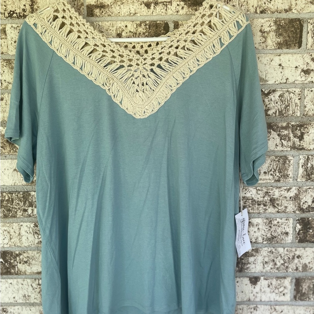 Grace & Lace Teal Top with Cream Crochet Detail